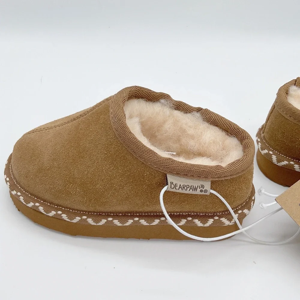 Bearpaw Toddler Hickory Brown Suede Wool Lined Slippers Embroidered Trim Size 6